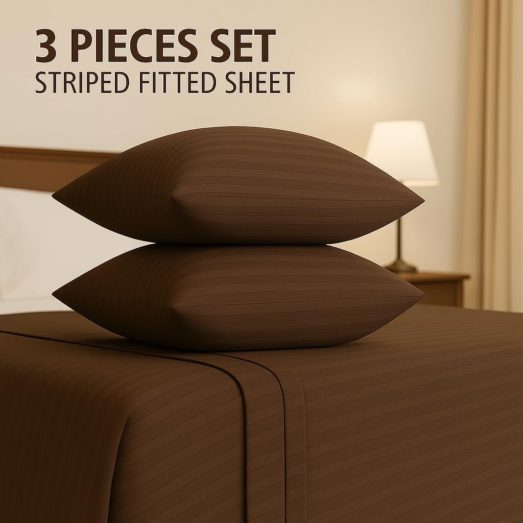 KUSTOMDECO Outlet Striped Microfiber Fitted Sheet Set – Double 120x200 cm – Peach Color – 1 Fitted Sheet & 2 Pillowcases (50x75 cm) – Deep Pocket, Soft, Durable, Wrinkle-Resistant Bedding Set - Image 2