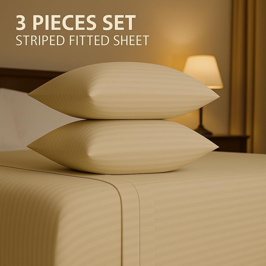 KUSTOMDECO Outlet Striped Microfiber Fitted Sheet Set – Queen 150x200 cm – Royal Blue Color – 1 Fitted Sheet & 2 Pillowcases (50x75 cm) – Deep Pocket, Soft, Durable, Wrinkle-Resistant Bedding Set - Image 2