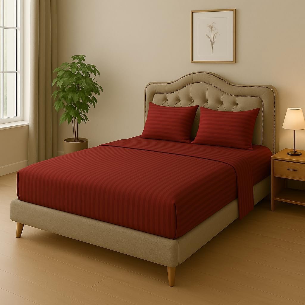 KUSTOMDECO Outlet Striped Microfiber Fitted Sheet Set – Twin 90x200 cm – Dark Red Color – 1 Fitted Sheet & 2 Pillowcases (50x75 cm) – Deep Pocket, Soft, Durable, Wrinkle-Resistant Bedding Set