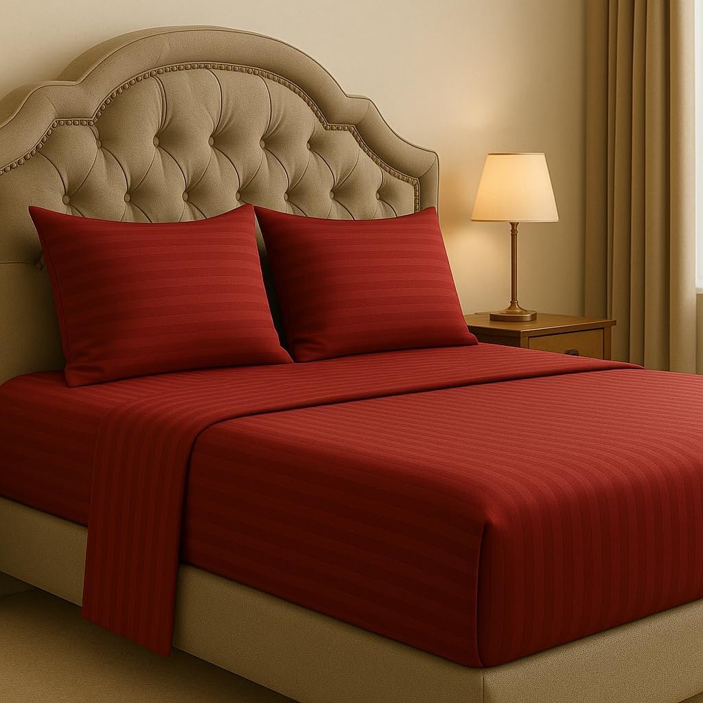 KUSTOMDECO Outlet Striped Microfiber Fitted Sheet Set – Twin 90x200 cm – Dark Red Color – 1 Fitted Sheet & 2 Pillowcases (50x75 cm) – Deep Pocket, Soft, Durable, Wrinkle-Resistant Bedding Set - Image 3