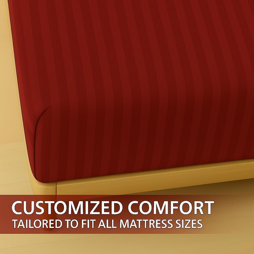 KUSTOMDECO Outlet Striped Microfiber Fitted Sheet Set – Twin 90x200 cm – Dark Red Color – 1 Fitted Sheet & 2 Pillowcases (50x75 cm) – Deep Pocket, Soft, Durable, Wrinkle-Resistant Bedding Set - Image 5