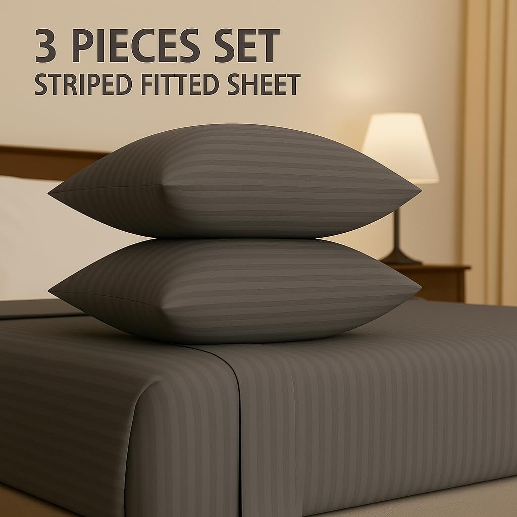 KUSTOMDECO Outlet Striped Microfiber Fitted Sheet Set – Super King 200x200 cm – Maroon Color – 1 Fitted Sheet & 2 Pillowcases (50x75 cm) – Deep Pocket, Soft, Durable, Wrinkle-Resistant Bedding Set - Image 2