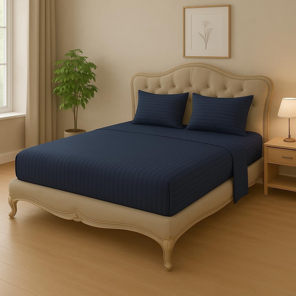 KUSTOMDECO Outlet Striped Microfiber Fitted Sheet Set – Queen 150x200 cm – Navy Blue Color – 1 Fitted Sheet & 2 Pillowcases (50x75 cm) – Deep Pocket, Soft, Durable, Wrinkle-Resistant Bedding Set
