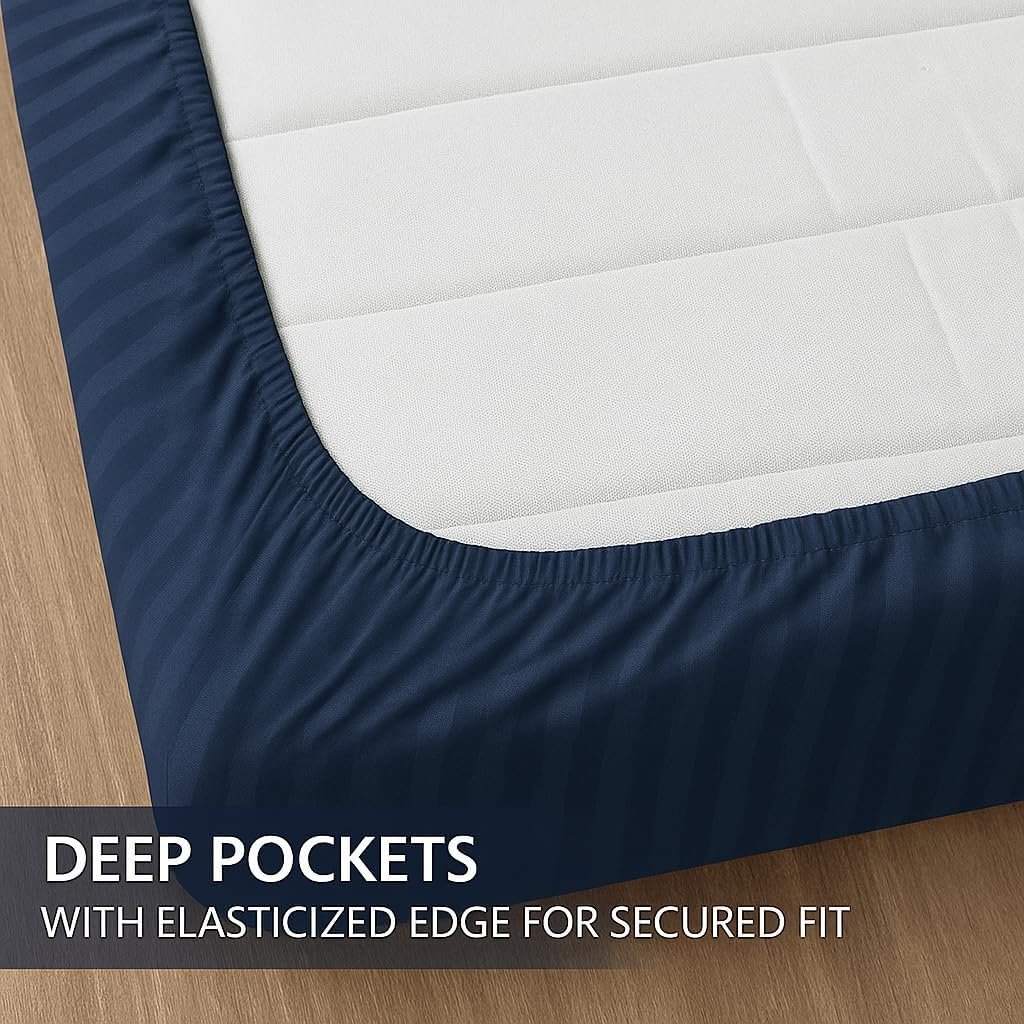KUSTOMDECO Outlet Striped Microfiber Fitted Sheet Set – Queen 150x200 cm – Navy Blue Color – 1 Fitted Sheet & 2 Pillowcases (50x75 cm) – Deep Pocket, Soft, Durable, Wrinkle-Resistant Bedding Set - Image 5