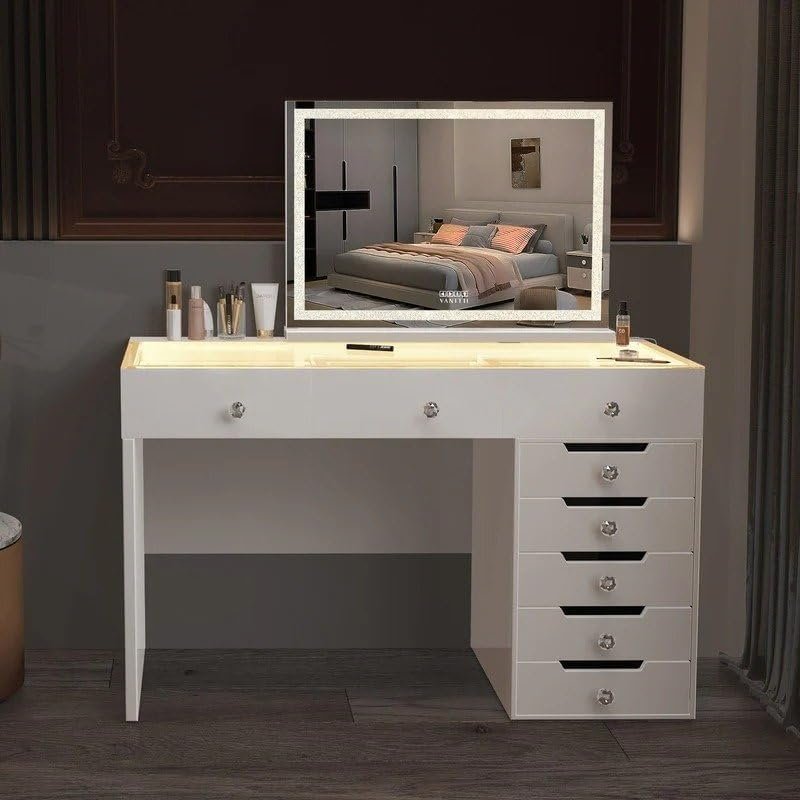 Vanity Desk With Lights Dresser White - Elegant Dressing Table with Mirror & Storage, Customizable Finish