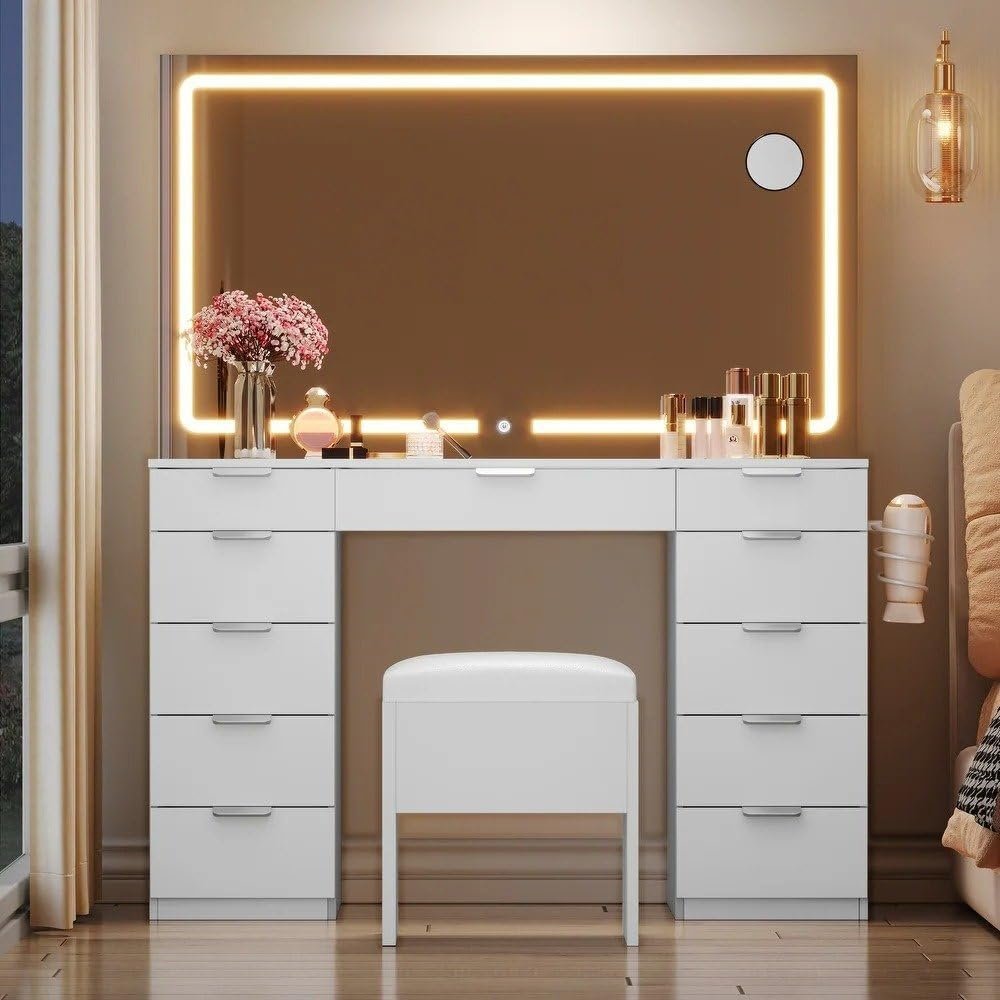 Cosmetics Vanity Desk 11 Drawers - Elegant Dressing Table with Mirror & Storage, Customizable Finish