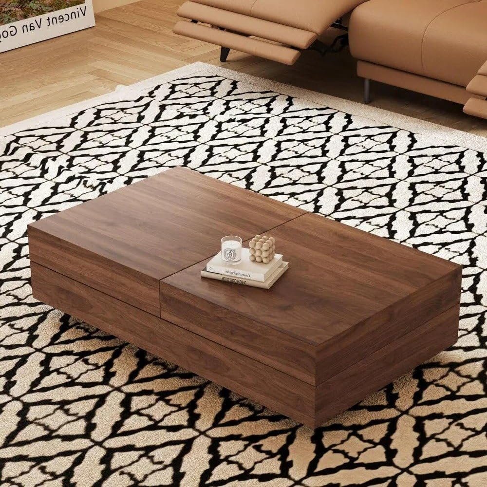 Modern Walnut Rectangular Coffee Table with Sliding Top - Modern Center Table, Perfect for Living Rooms