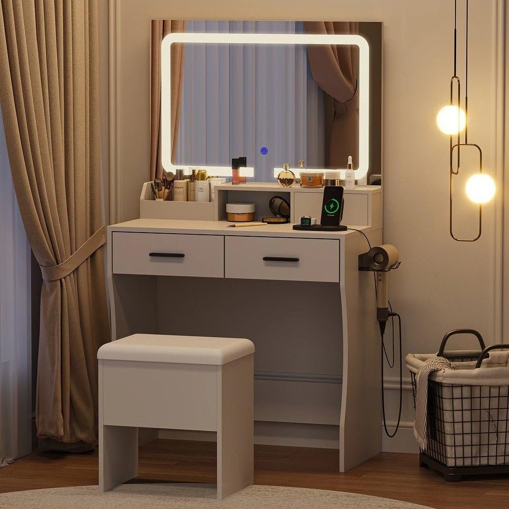 Vanity Desk Drawers and Led Lighted Mirror - Elegant Dressing Table with Mirror & Storage, Customizable Finish