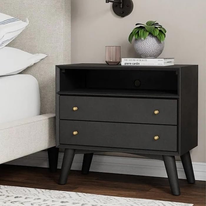 2 Drawer Nightstand Black - Modern Nightstand with Storage, Ideal for Bedside Organization
