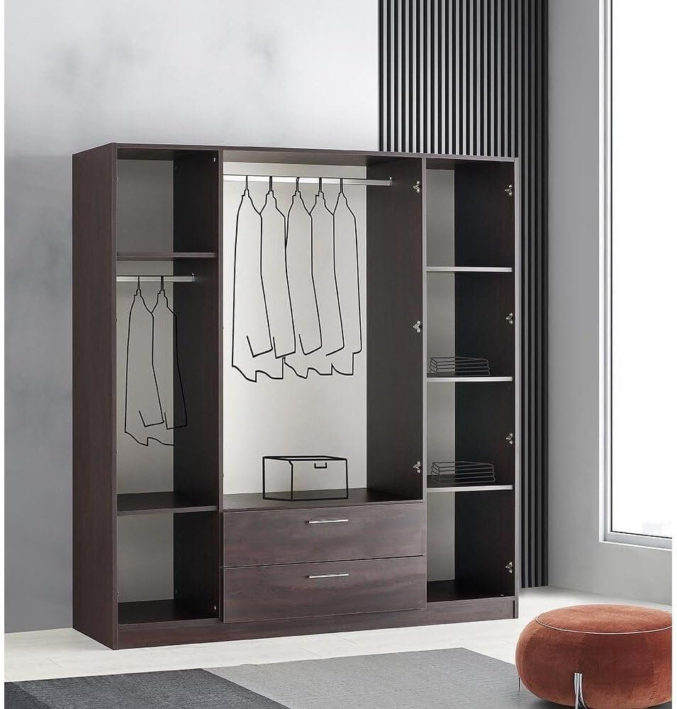 Wardrobe Cabinet Matte Wenge 4-door - Spacious Wardrobe Cabinet with Shelves & Hanging Rods, Modern Storage Solution
