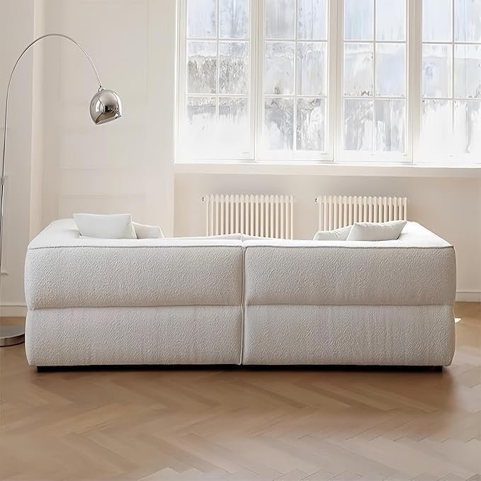 Modern Boucle Fabric Sofa, 4-Seater Living Room Couch with Throw Pillows, White (Off White) - Image 3