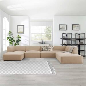 Kustom Deco Modern U-Shaped Sectional Sofa, 6-Piece Modular Design, Beige Upholstery, Double Chaise Configuration (Beige)