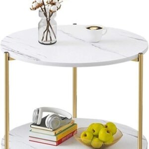 Kustom Deco Modern Round Coffee Table with 2 Tiers, White Marble Effect Top, Gold Metal Frame, 2-Shelf Side Table for Living Room. (White)