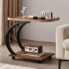 Modern C-Shaped Side Table with Wheels, 2-Tier Wood Design, Mobile End Table for Living Room, Brown
