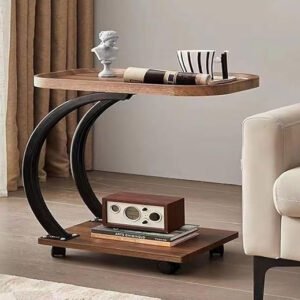 Modern C-Shaped Side Table with Wheels, 2-Tier Wood Design, Mobile End Table for Living Room, Brown