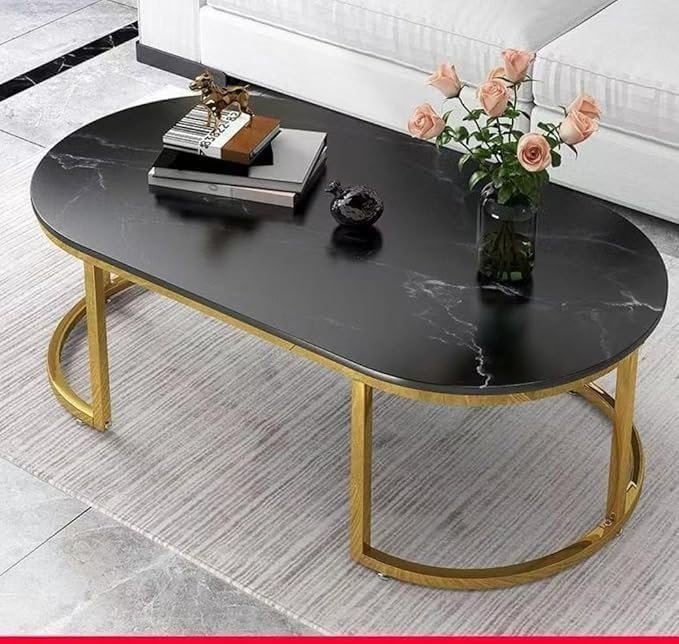 Kustom Deco Modern Oval Coffee Table, Black Marble Effect Top with Gold Metal Base, Living Room Furniture (Black Gold, 60D x 120W x 42H)