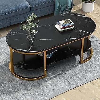 Kustom Deco Modern Oval Coffee Table, Black Marble Effect Top with Gold Metal Base, Living Room Furniture (Black Gold, 60D x 120W x 42H) - Image 2