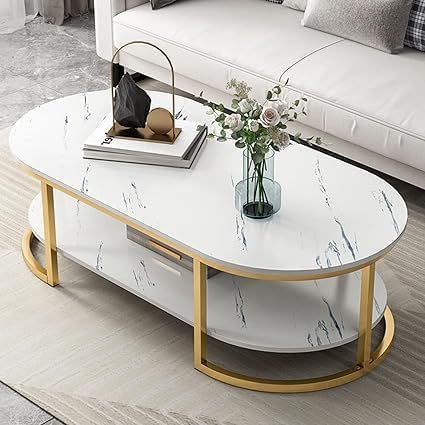 Kustom Deco Modern Oval Coffee Table, Black Marble Effect Top with Gold Metal Base, Living Room Furniture (Black Gold, 60D x 120W x 42H) - Image 4