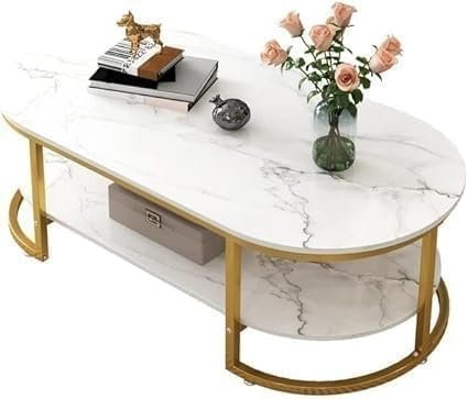 Kustom Deco Modern Oval Coffee Table, Black Marble Effect Top with Gold Metal Base, Living Room Furniture (Black Gold, 60D x 120W x 42H) - Image 5