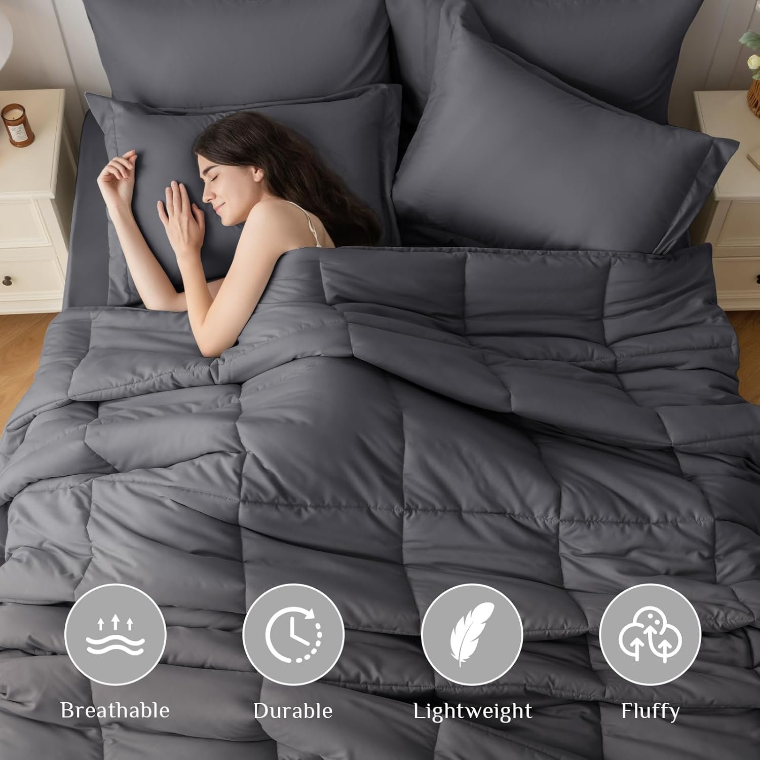 KUSTOMDECO Down Alternative 7pcs Comforter Set Gray – Ultra Soft Microfiber Duvet with 250GSM Filling – Queen Size 220x240 cm – Lightweight, Breathable & Hypoallergenic Bedding for All Seasons - Image 2