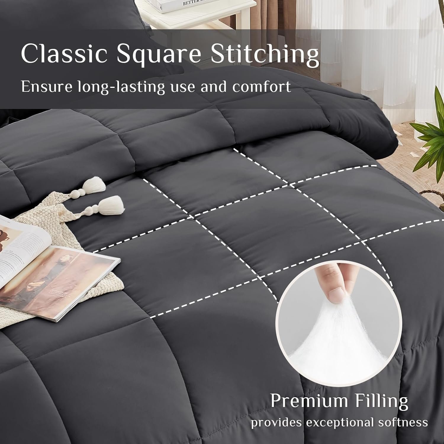 KUSTOMDECO Down Alternative 7pcs Comforter Set Gray – Ultra Soft Microfiber Duvet with 250GSM Filling – Queen Size 220x240 cm – Lightweight, Breathable & Hypoallergenic Bedding for All Seasons - Image 3