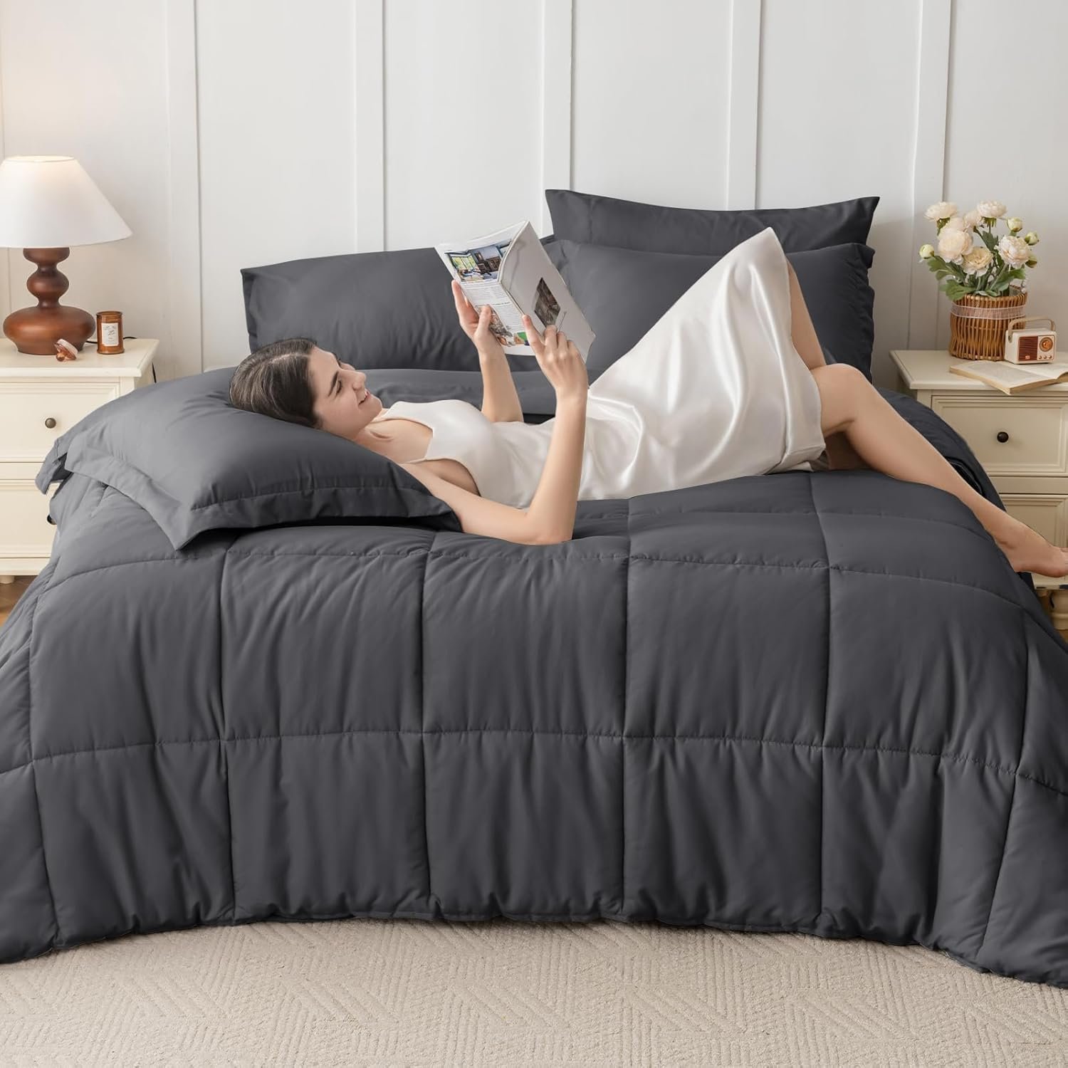 KUSTOMDECO Down Alternative 7pcs Comforter Set Gray – Ultra Soft Microfiber Duvet with 250GSM Filling – Queen Size 220x240 cm – Lightweight, Breathable & Hypoallergenic Bedding for All Seasons - Image 6