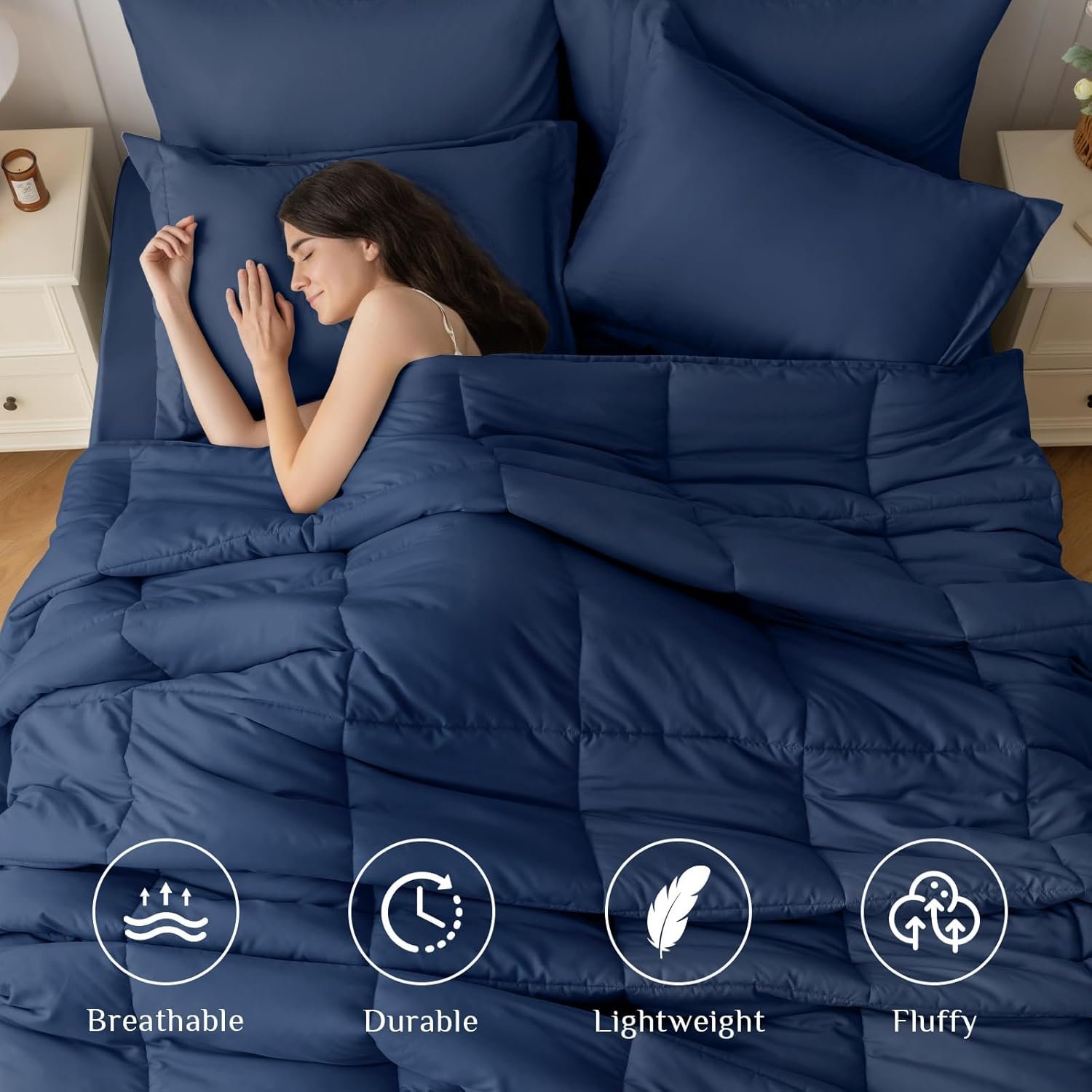 KUSTOMDECO Down Alternative 3Pcs Comforter Set Navy Blue – Ultra Soft Microfiber Duvet with 250GSM Filling – Single Size 160x200 cm – Lightweight, Breathable & Hypoallergenic Bedding for All Seasons - Image 2