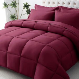 KUSTOMDECO Down Alternative 4Pcs Comforter Set Dark Red – Ultra Soft Microfiber Duvet with 250GSM Filling – Queen Size 220x240 cm – Lightweight, Breathable & Hypoallergenic Bedding for All Seasons
