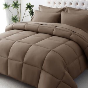 KUSTOMDECO Down Alternative 4Pcs Comforter Set Brown – Ultra Soft Microfiber Duvet with 250GSM Filling – King Size 240x260 cm – Lightweight, Breathable & Hypoallergenic Bedding for All Seasons