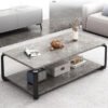 Kustom Deco Modern Coffee Table with Storage Shelf, Marble Look Top, Black Metal Frame, 2-Tier Design for Living Room (Grey, (D60x W120 xH43) cm)