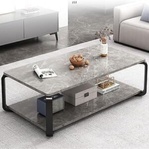 Kustom Deco Modern Coffee Table with Storage Shelf, Marble Look Top, Black Metal Frame, 2-Tier Design for Living Room (Grey, (D60x W120 xH43) cm)