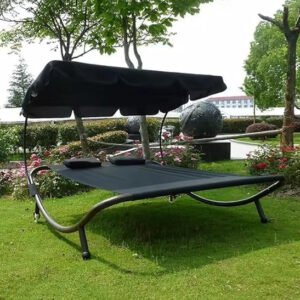 Tidyard Patio Lounge Bed with Canopy and Pillows Oxford Fabric Sun Bed Steel Frame for Pool, Patio, Balcony, Garden, indoor and Outdoor Furniture 210 x 170 x 160 cm