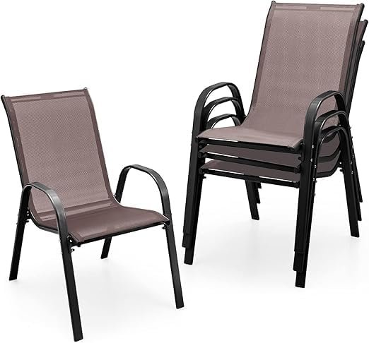 Patio Chairs, Stackable Patio Chairs with Armrests and Breathable Seat Fabric, Outdoor Dining Chair for Patio, Pool Side, Backyard | steel frame with powder coating