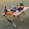 Kustom Deco Portable Wooden Folding Camping Table, Outdoor Roll-Up Table with X-Frame Design, Natural Wood
