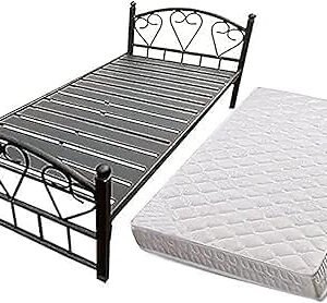 KUSTOMDECO Heavy Duty Single Metal Steel Bed with Medicated Mattress Dimension 90x190 CM Black