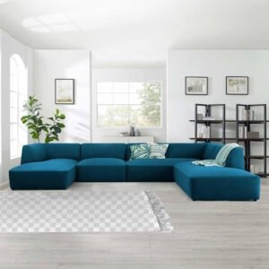 Kustom Deco Modern U-Shaped Sectional Sofa, 6-Piece Modular Design, Beige Upholstery, Double Chaise Configuration (Blue)
