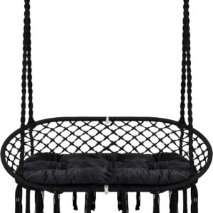 Kustom Deco Macrame Double Hammock Swing Chair with Cushion, Indoor Outdoor Hanging Chair, 2-Person, Color (Black)
