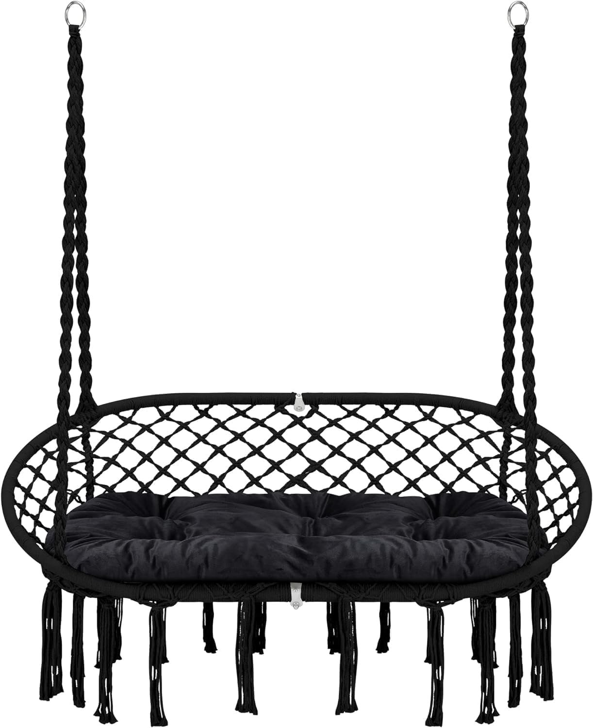 Kustom Deco Macrame Double Hammock Swing Chair with Cushion, Indoor Outdoor Hanging Chair, 2-Person, Color (Black)