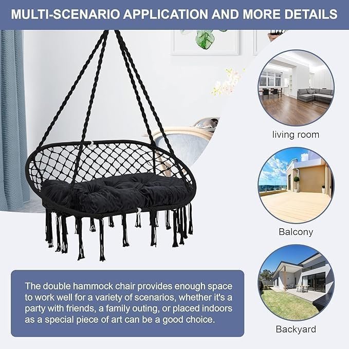 Kustom Deco Macrame Double Hammock Swing Chair with Cushion, Indoor Outdoor Hanging Chair, 2-Person, Color (Black) - Image 6
