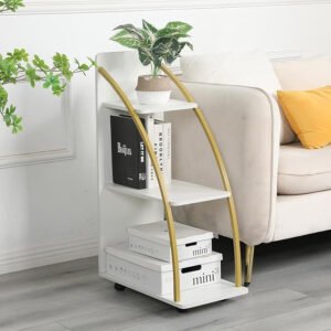 Kustom Deco Modern 3-Tier Side Table with Gold Metal Frame, Mobile Storage Shelf Unit, White, 3 Shelves for Living Room (Modern, White Gold, 50D x 28W x 83H)