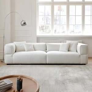 Modern Boucle Fabric Sofa, 4-Seater Living Room Couch with Throw Pillows, White (Off White)