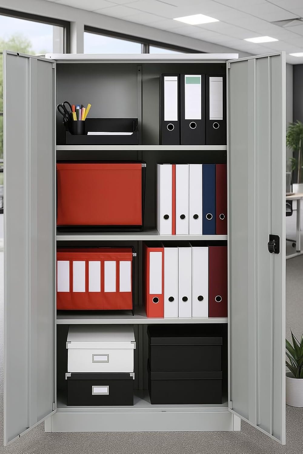Kustom Deco Steel Office Cupboard – Metal Storage Cabinet with 3 Adjustable Shelves & 4 Compartments – Full Swing Doors with Welded Hinges – Grey, 183 x 91.4 x 47.5 cm