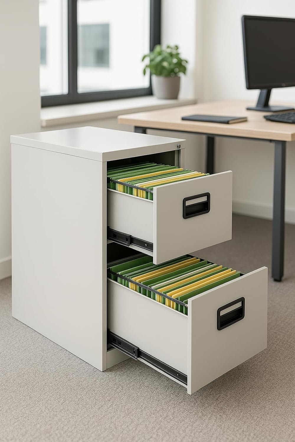 Kustom Deco 2-Drawer Vertical Filing Cabinet – Metal Office File Storage Cabinet – Lockable Grey Steel Organizer for A4 & Legal Documents – 73 x 62 x 45 cm