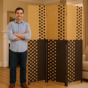 Kustom Deco 4-Panel Folding Room Divider – Brown & Light Brown Half-and-Half Design – 180 x 200 cm – Privacy Screen for Home, Office, or Studio Use