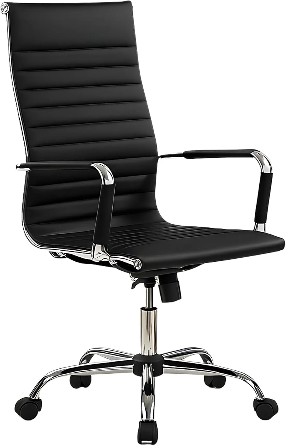 Cushioned Office Chair | Soft Upholstery Mid Century Swivel Desk Chair Black Adjustable Executive Mid Back Task Chair with Arms and Lumbar Support