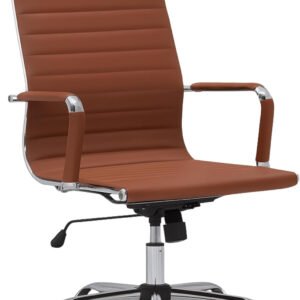 Cushioned Office Chair | Soft Upholstery Mid Century Swivel Desk Chair Brown Adjustable Executive Mid Back Task Chair with Arms and Lumbar Support