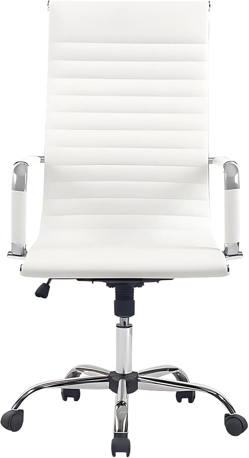 Cushioned Office Chair | Soft Upholstery Mid Century Swivel Desk Chair White Adjustable Executive Mid Back Task Chair with Arms and Lumbar Support - Image 4