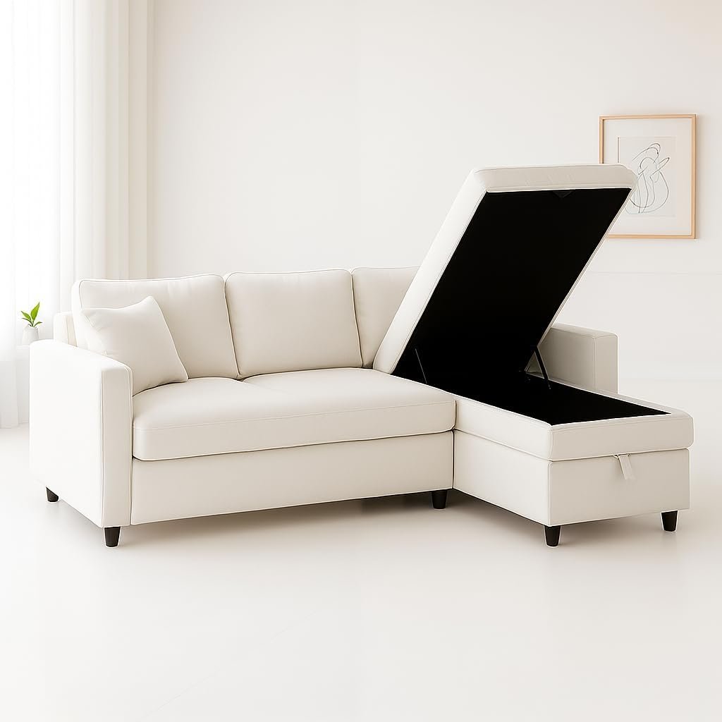 Hunter 3-Seater L-Shaped Sofa Cum Bed with Storage | Convertible Fabric Corner Couch for Living Room Furniture | Cushion Back | Track Arms & Metal Frame | Blue (White) - Image 2