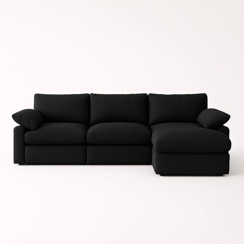 KUSTOMDECO Cloud Waterproof Sofa | Cotton Linen L-Shape Sectional Sofa for Living Room Furniture & Office | Premium Comfort and Modern Design | Kid & Pet Friendly (Black)