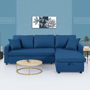 RESTI RIDA 3-Seater L-Shaped Sofa Cum Bed with Storage | Convertible Fabric Corner Couch for Living Room Furniture Cushion Back Track Arms & Metal Frame Blue